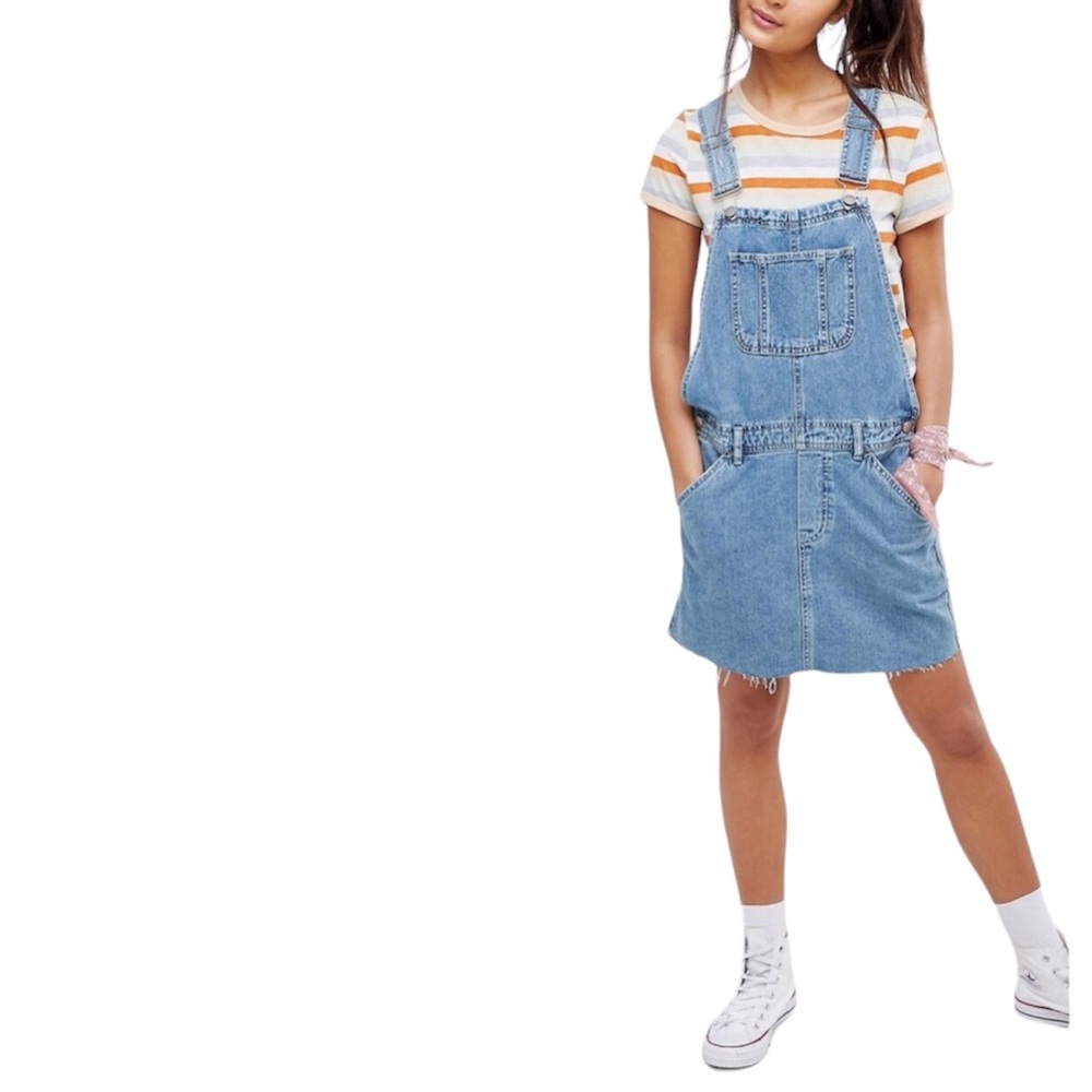 ASOS DESIGN Denim Midwash Blue Distress Fry Hem Dungaree Dress UK8 USA 4